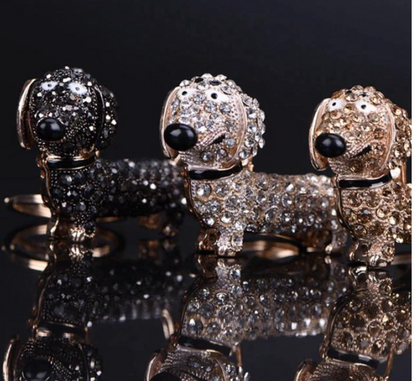 Silver black gold Dachshund Sausage Dog Keyring Keychain bag charm bling crystal