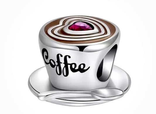 Coffee Cup And Spoon Charm Bead Bracelet 925 Sterling Silver Mothers Day Gift