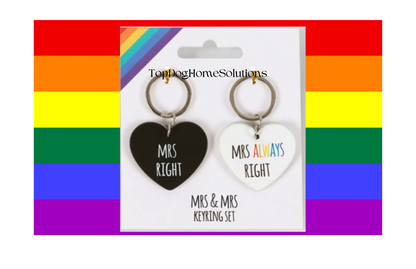 LGBT Mr & Mr Right Couples Keyring Set Mrs & Mrs Right Gift Valentines Wedding