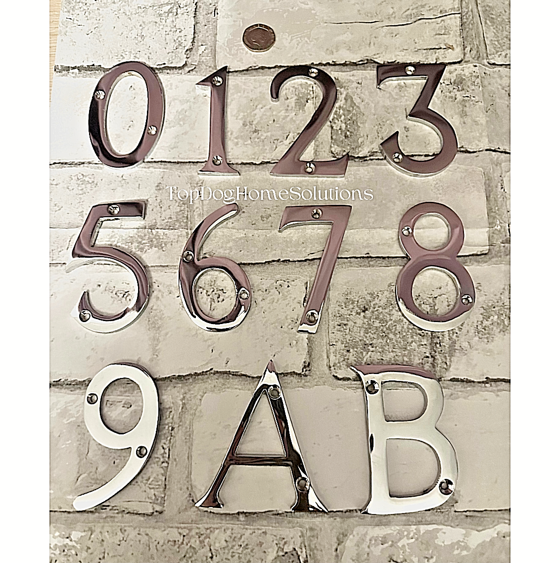 Large Polished Chrome Door Numbers House Flat Shop 3" 75mm Letters Inc Screws