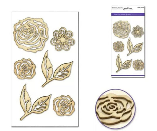 3D Laser Cut Wooden Rose Flower leaves MDF Embellishment Shape Craft Decors