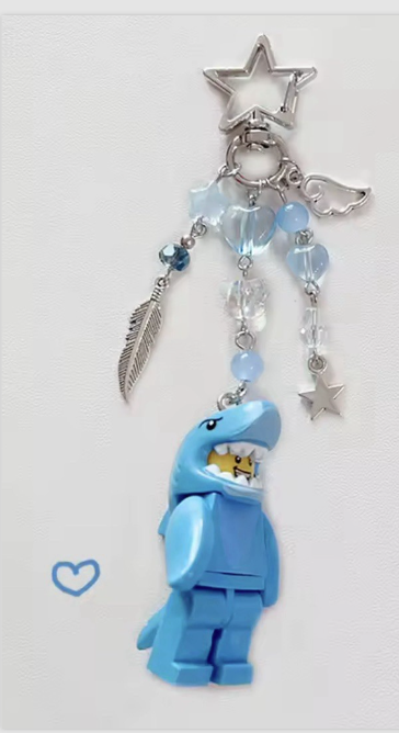 Couples matching Keyring Bag Charm Beads Blue Pink Shark suit Man Girl Car keys