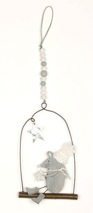 Christmas Mrs Mouse Hanging on a Branch Scene & Star Decoration 9 x14cm