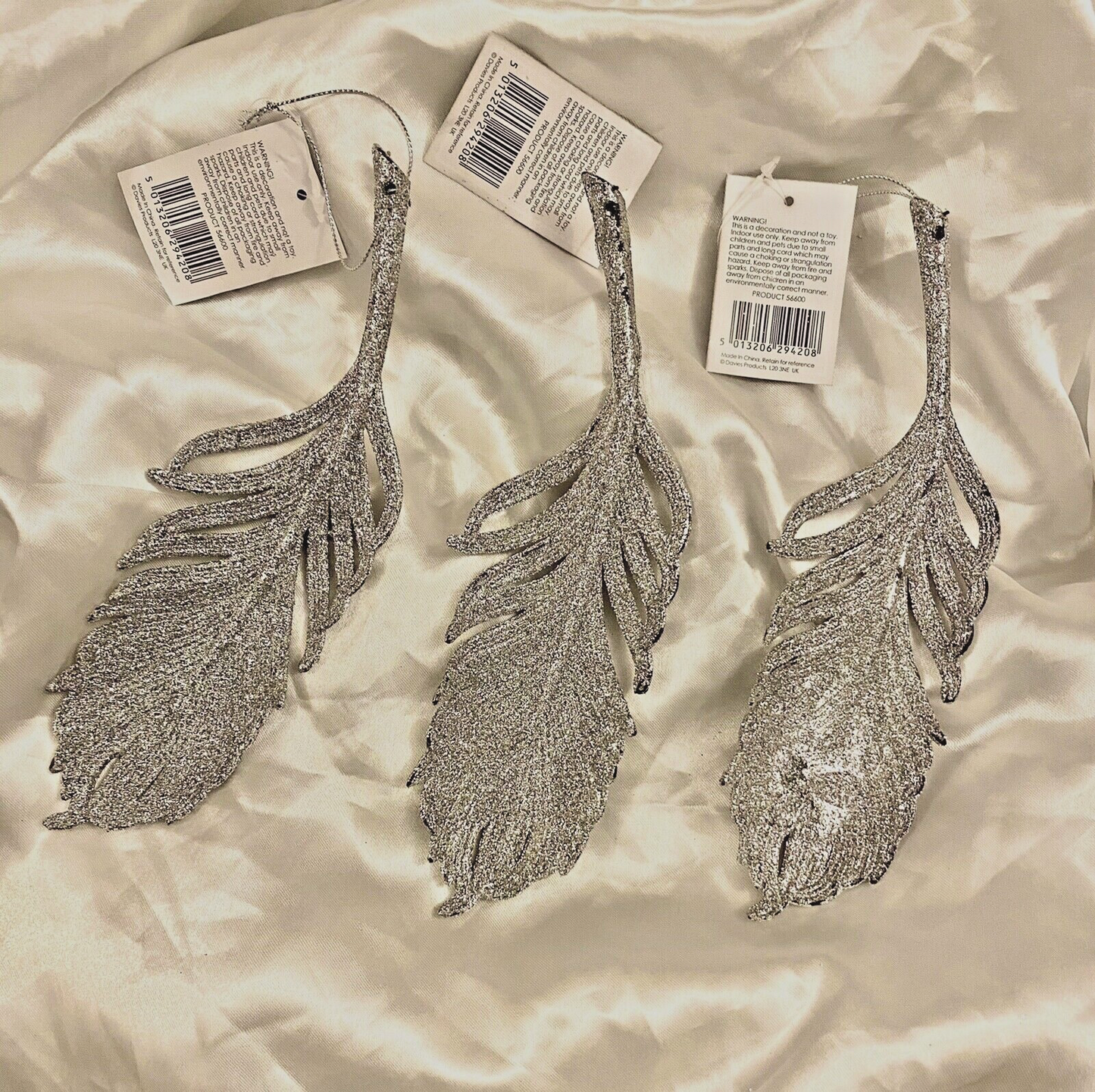 3 x Feather Tree Hanging Silver Glitter Baubles Decoration 21cm Xmas