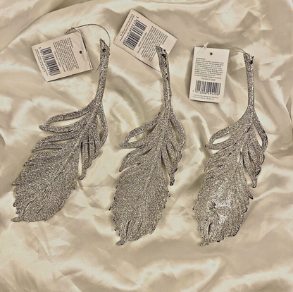 3 x Feather Tree Hanging Silver Glitter Baubles Decoration 21cm Xmas
