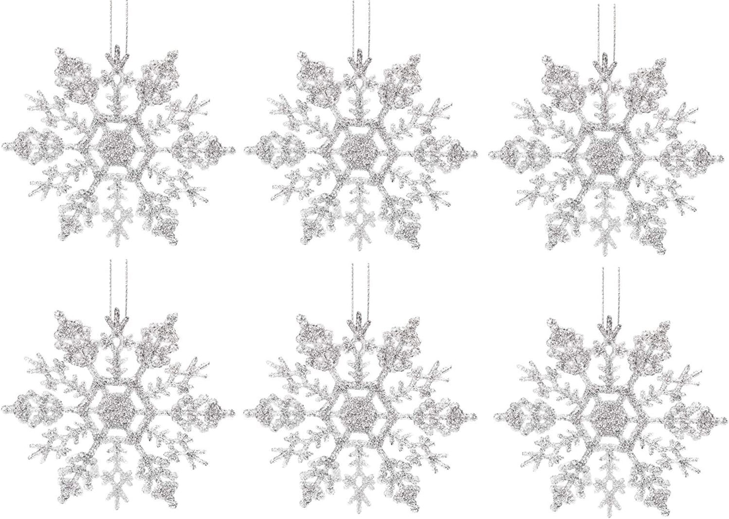 Silver Christmas 6 Pack Glitter Snowflakes Hanging Tree Decorations Frozen Pack