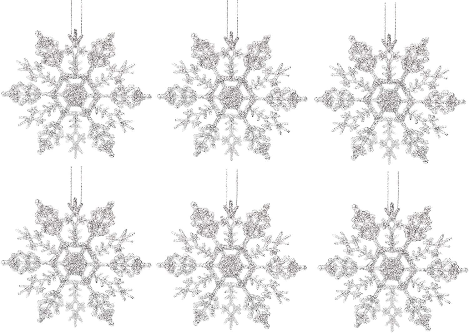 Silver Christmas 6 Pack Glitter Snowflakes Hanging Tree Decorations Frozen Pack