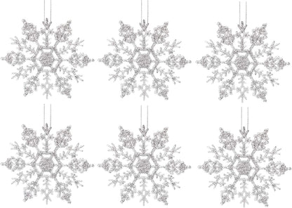 Silver Christmas 6 Pack Glitter Snowflakes Hanging Tree Decorations Frozen Pack