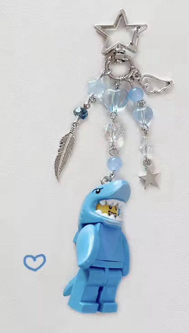 Couples matching Keyring Bag Charm Beads Blue Pink Shark suit Man Girl Car keys