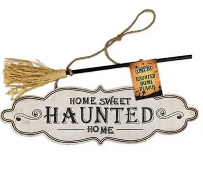 Halloween Hanging Sign Wall Plaque Haunted Home Broom Sweet Decoration