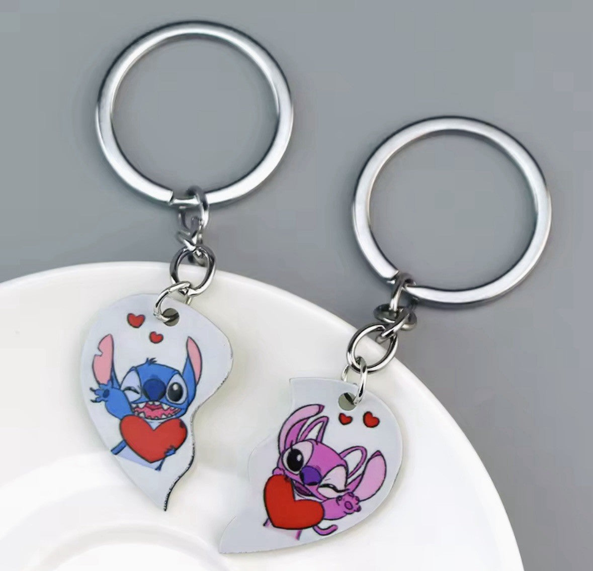 2 Couples Angel & Stitch Lilo Keyrings Love heart Gift Girlfriend