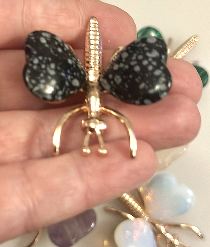Natural Crystal Heart Stone Wings Silver Butterfly Energy Animal Ornament  Gift