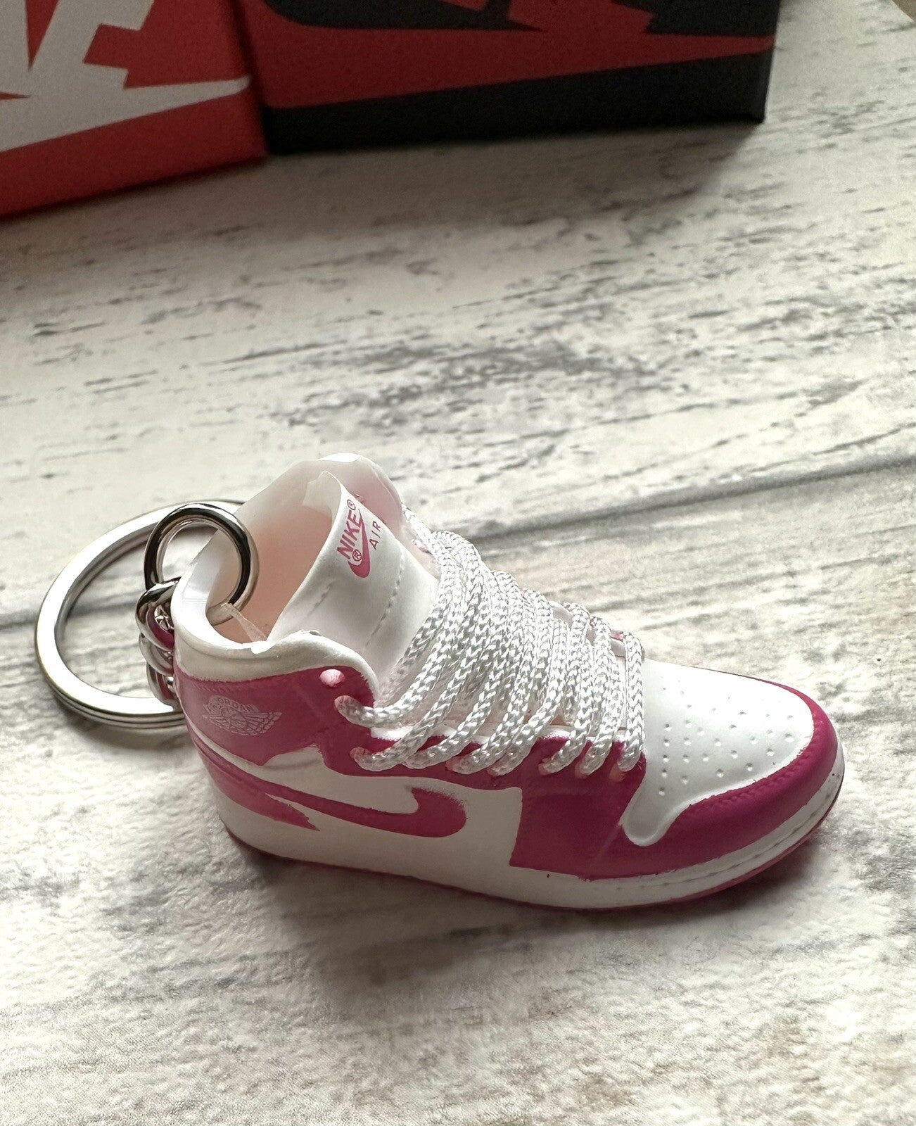 Mini Nike Jordan Air Trainer sneaker White Keyring Hot Pink Prime shoebox