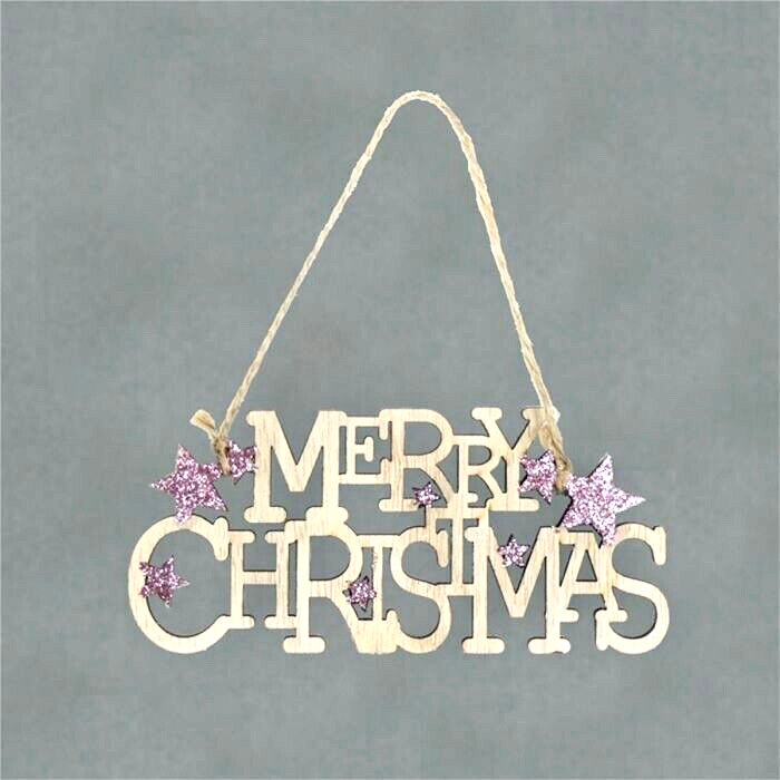 Hanging Merry Christmas Sign Sparkly Pink Star Wooden Rustic Decoration Xmas