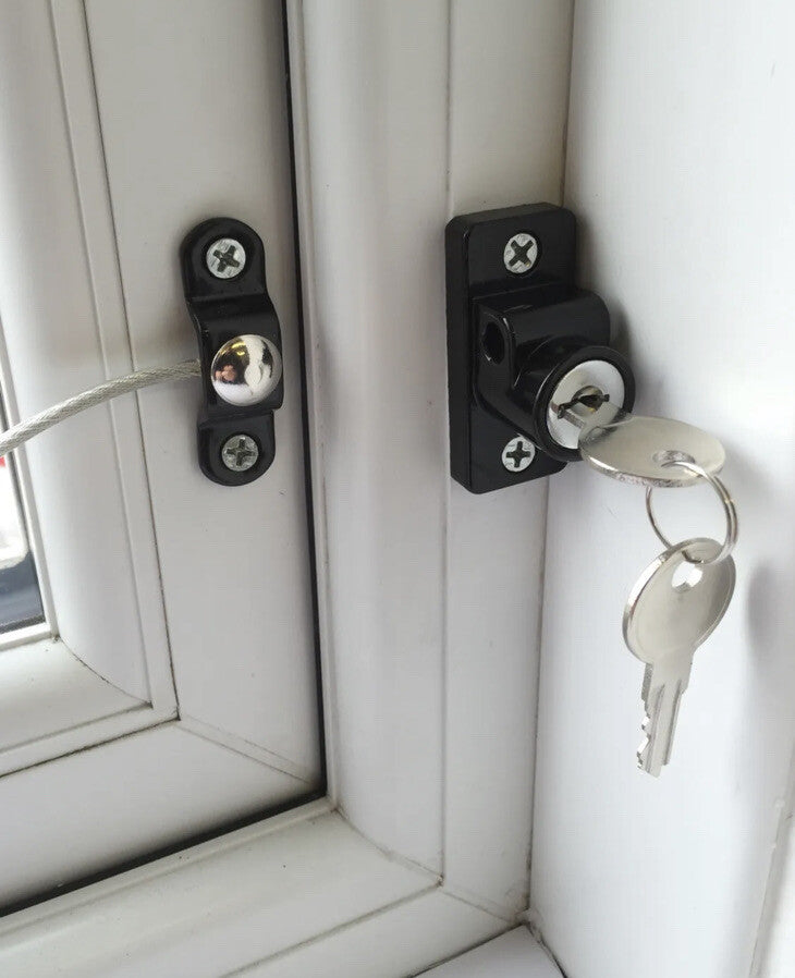 2 Black Security Window Locks Door Restrictor Safety Catch Child Wire Cable UPVC