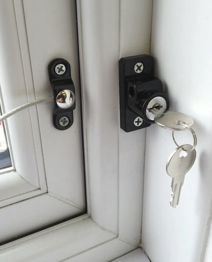 2 Black Security Window Locks Door Restrictor Safety Catch Child Wire Cable UPVC