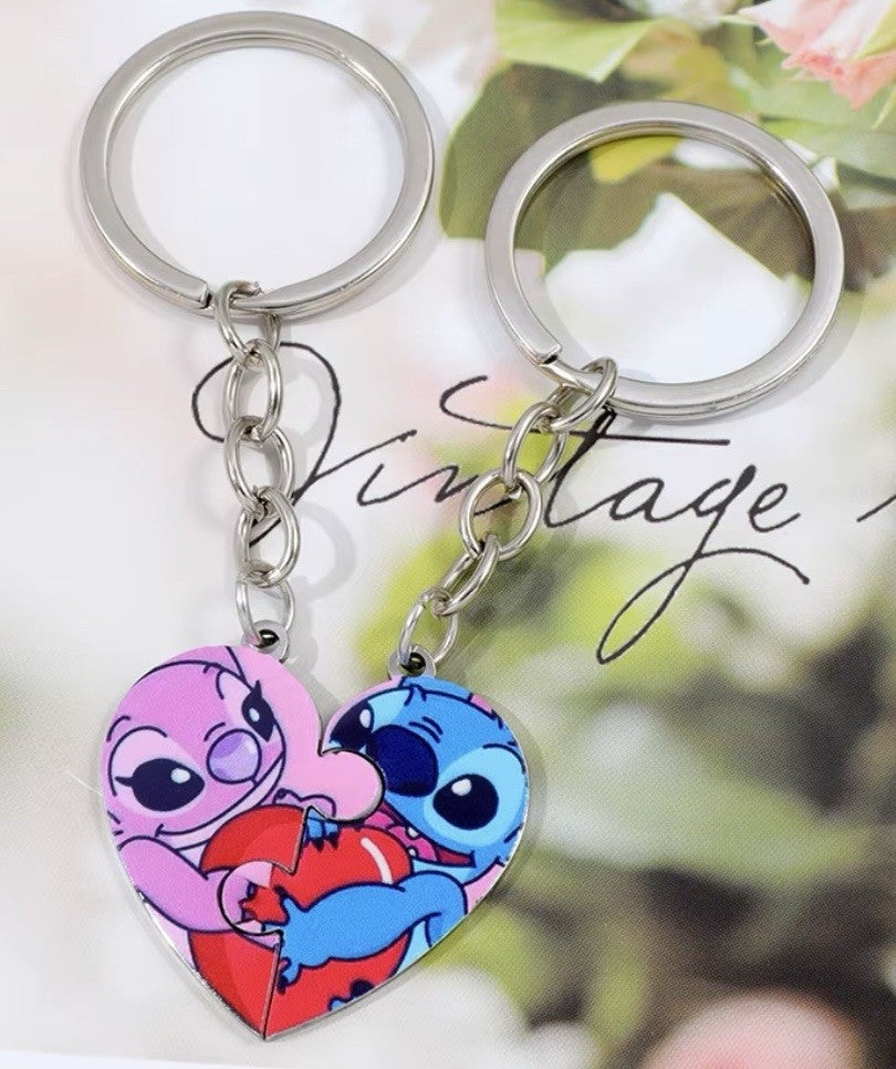 2 Valentine’s Couples Angel & Stitch Lilo Keyrings Love heart Gift Girlfriend