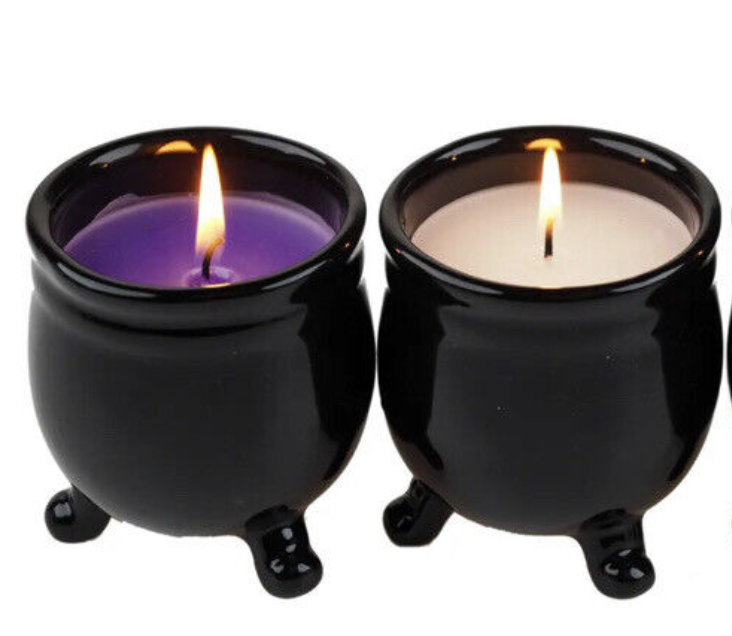 Halloween Cauldron Candle Set 3 Vanilla Ceramic Black Holder Purple White Spells