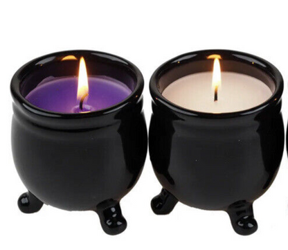 Halloween Cauldron Candle Set 3 Vanilla Ceramic Black Holder Purple White Spells