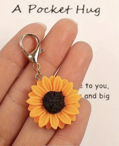 Sunflower Keyring Charm Bag Flower with Love Hug Card Stitch Marker Gift.