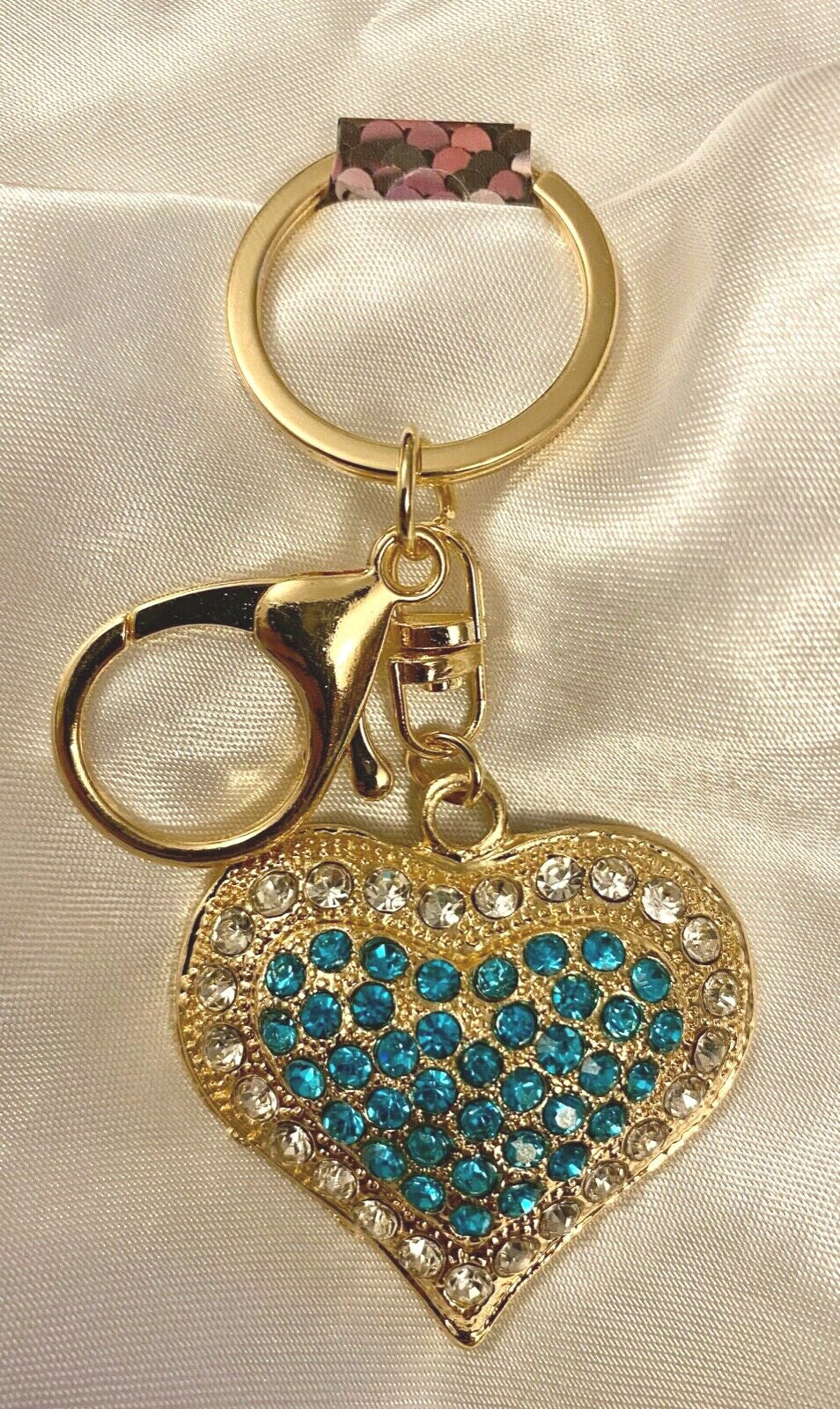 Heart crystal keyring Valentine blue Red green rhinestone diamanté Gift charm
