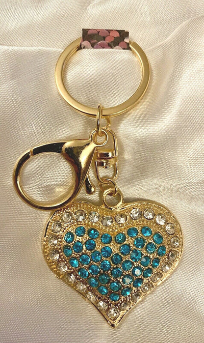 Heart crystal keyring Valentine blue Red green rhinestone diamanté Gift charm