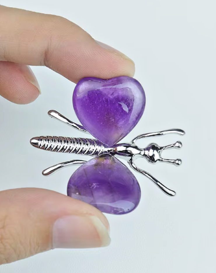 Natural Crystal Heart Stone Wings Silver Butterfly Energy Animal Ornament  Gift