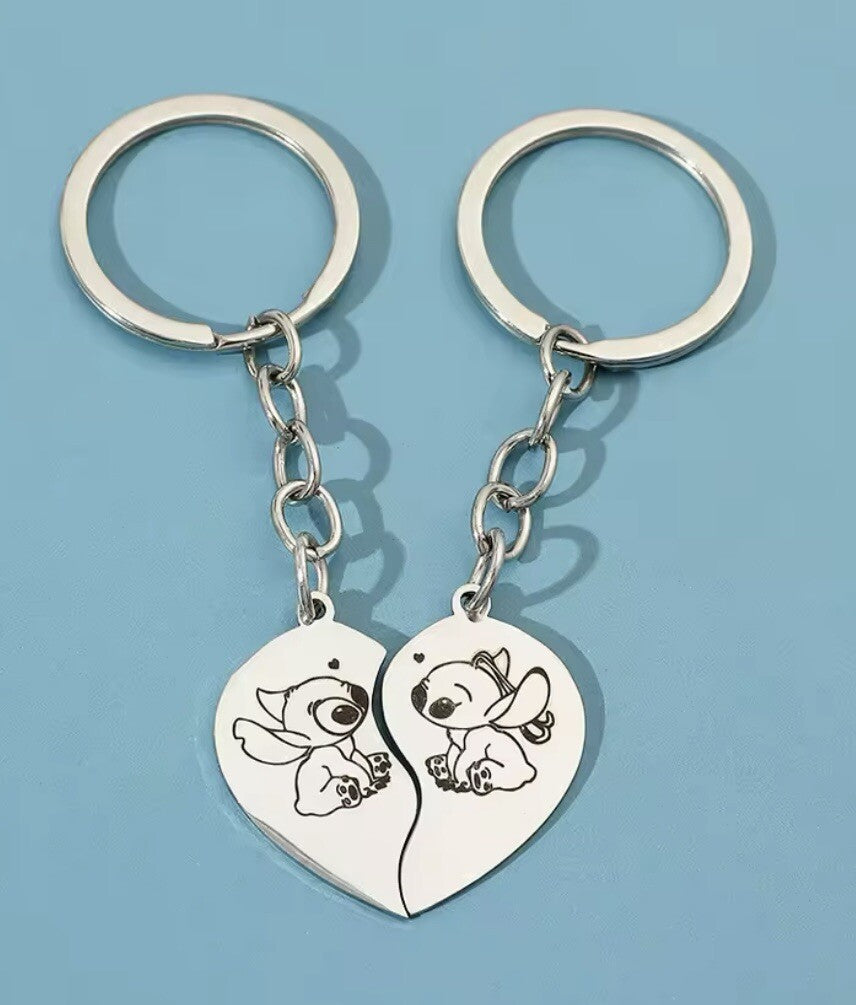 2 Valentine’s Couples Angel & Stitch Lilo Keyrings Love heart Gift Girlfriend