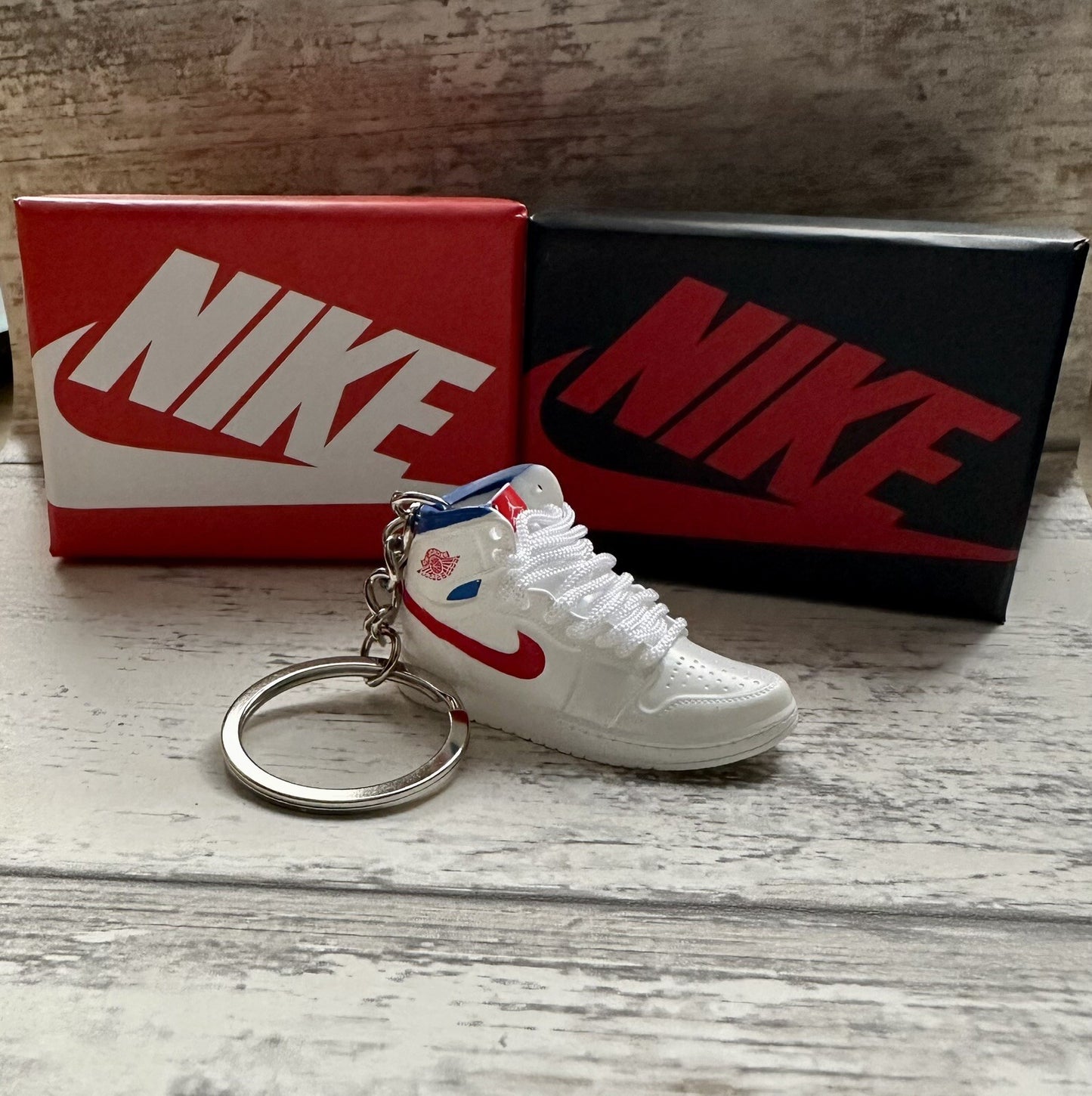 Nike Mini Jordan 3D Trainer sneaker Keyring Blue Red White Lace shoe Gift Box