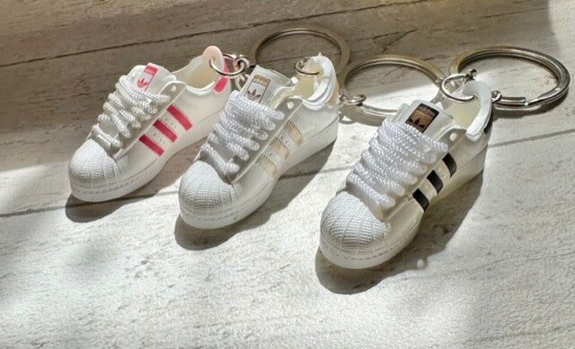 1 ADIDAS Mini 3D Trainer Sneaker Superstars Black White Keyring Inc + Shoe Box