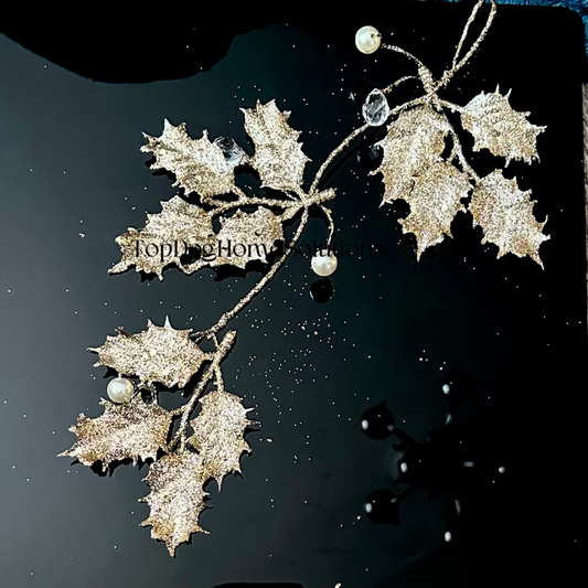 Light Gold Hanging Holly Decoration Christmas 28cm xmas Pearl & Crystal Droplets