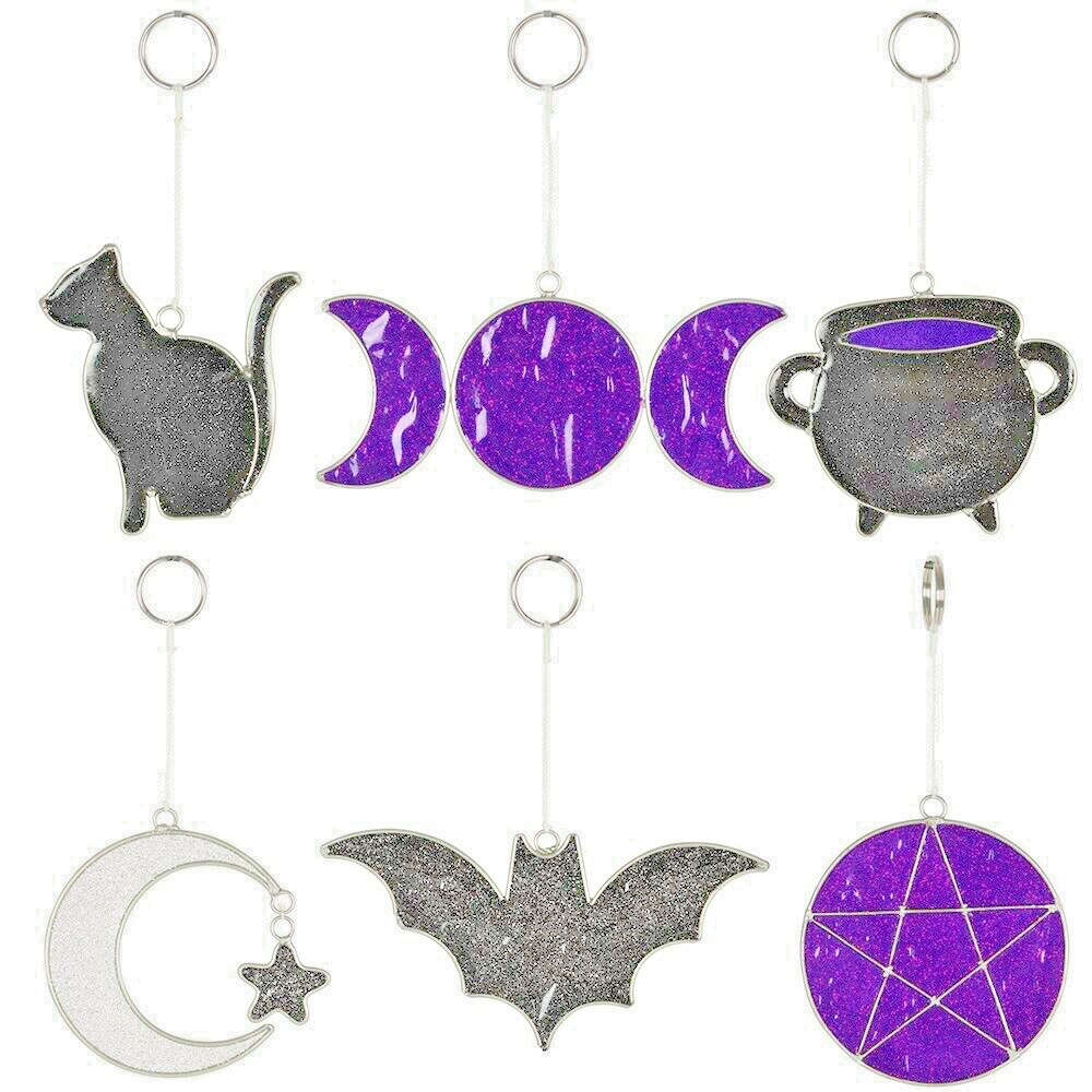 Hanging Halloween black cat sun catcher resin glass bat cauldron moon star decor
