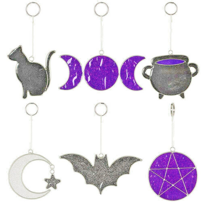 Hanging Halloween black cat sun catcher resin glass bat cauldron moon star decor