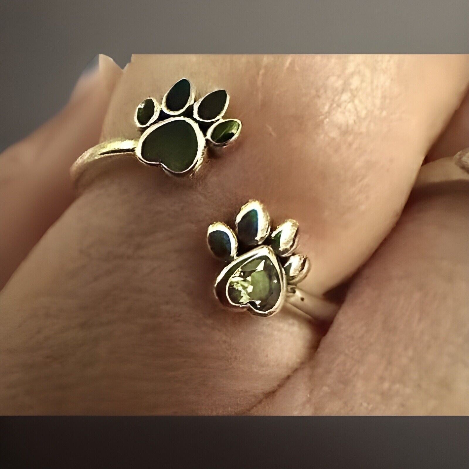 Dog Cat Ring Paw 925 Silver Footprint Rhinestone Adjustable Animal Crystal Gift