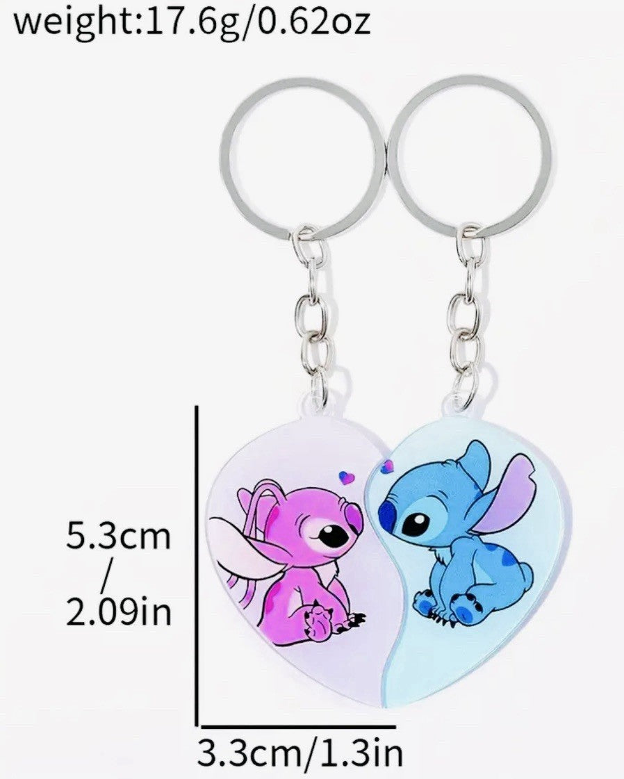 2 Couples Angel & Stitch Lilo Keyrings Love heart Gift Girlfriend Christmas