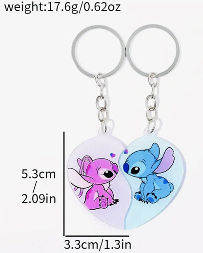 2 Couples Angel & Stitch Lilo Keyrings Love heart Gift Girlfriend Christmas