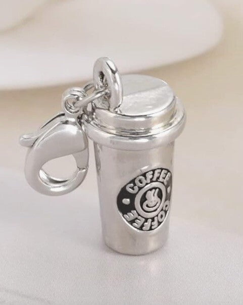 Coffee Cup Charm 3D Pendant Beads Silver Gift For Bracelet Keyring