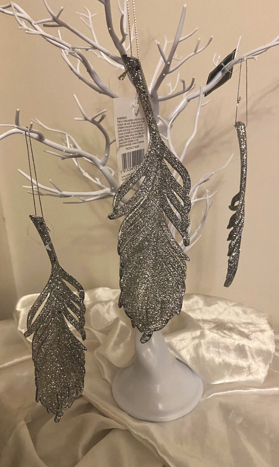 3 x Feather Tree Hanging Silver Glitter Baubles Decoration 21cm Xmas