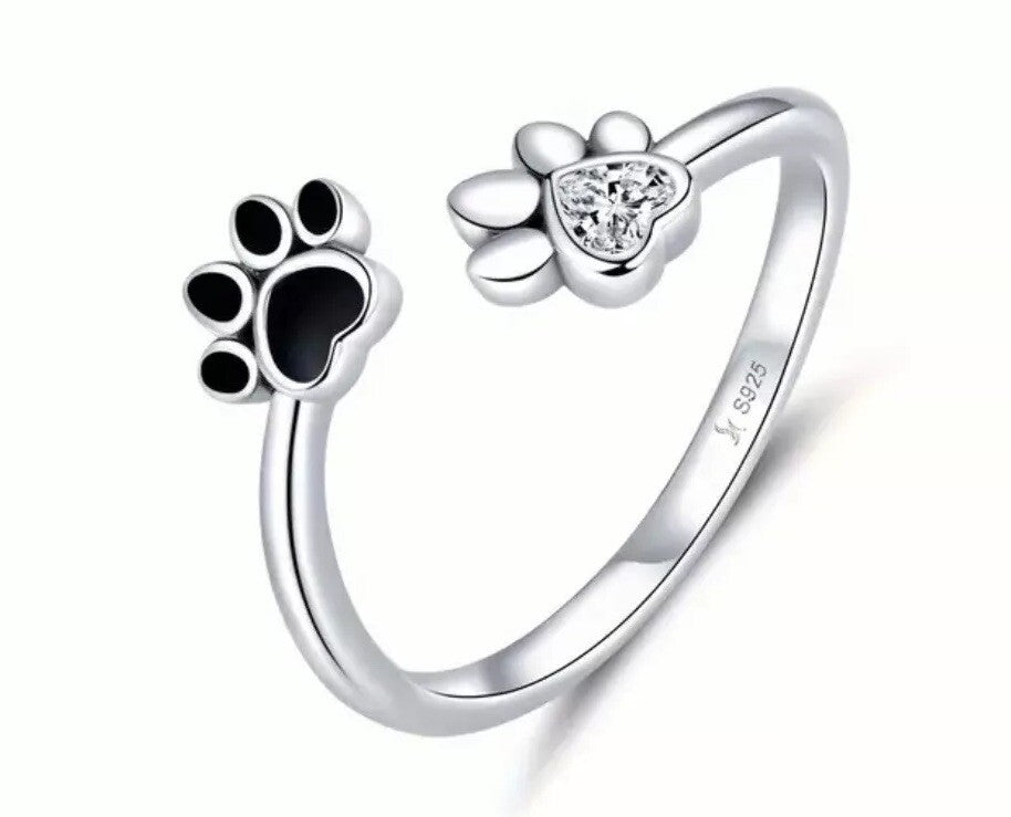 Dog Cat Ring Paw 925 Silver Footprint Rhinestone Adjustable Animal Crystal Gift