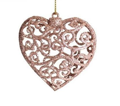 4 Christmas Hanging Rose Gold Heart Baubles 3D Glitter Ornament decoration