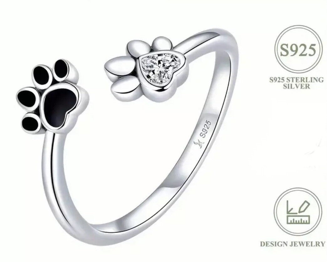 Dog Cat Ring Paw 925 Silver Footprint Rhinestone Adjustable Animal Crystal Gift