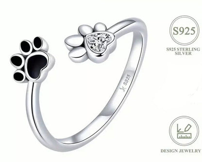Dog Cat Ring Paw 925 Silver Footprint Rhinestone Adjustable Animal Crystal Gift