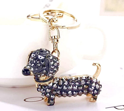 Silver black gold Dachshund Sausage Dog Keyring Keychain bag charm bling crystal