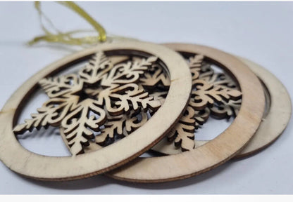 Christmas Tree Snowflake Decoration Wooden Rustic Hanging Hang Bauble Black X 3