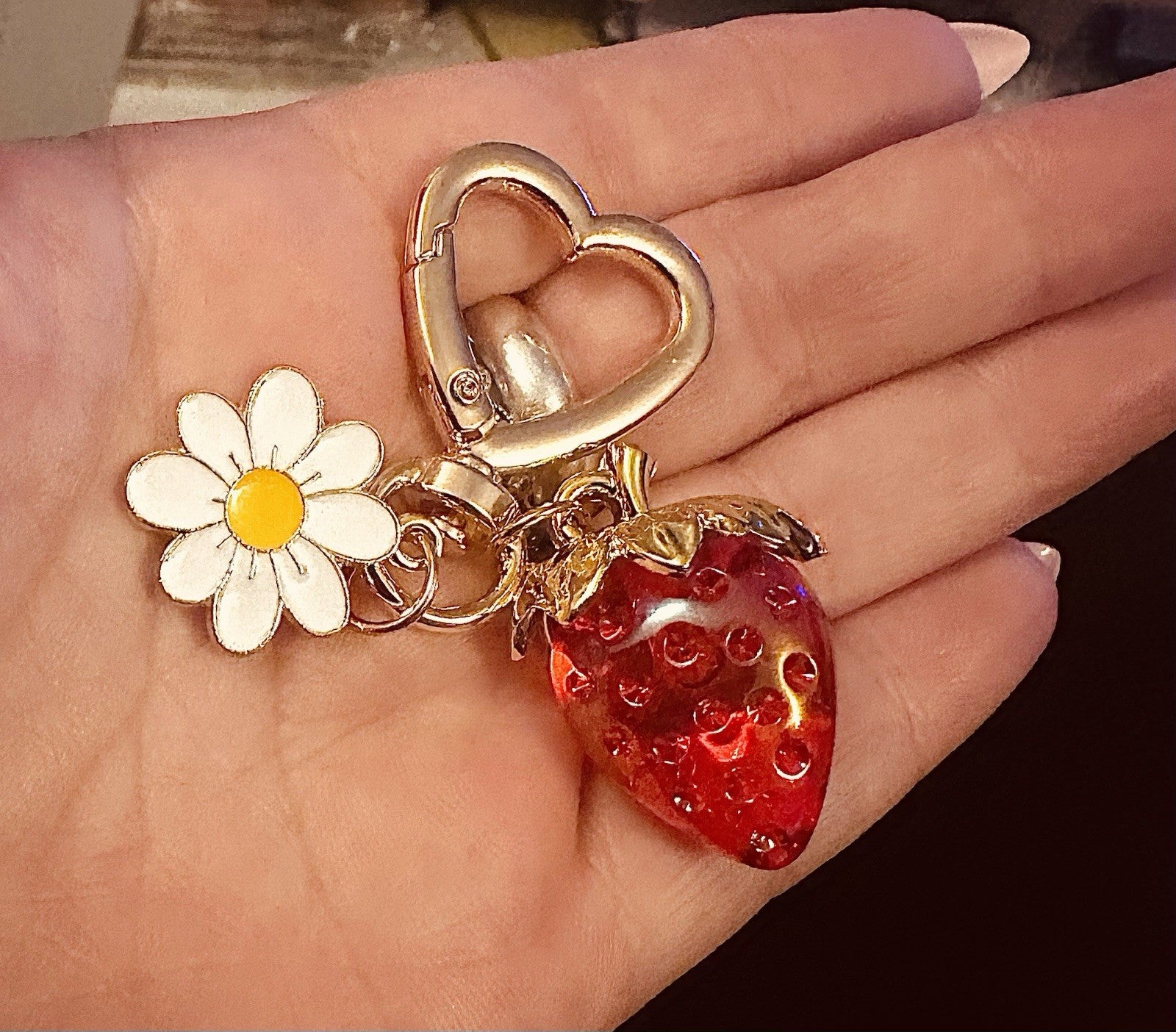 Heart Pink Red Strawberry Daisy Keyring Keychain Christmas Gift Inc Gift Bag