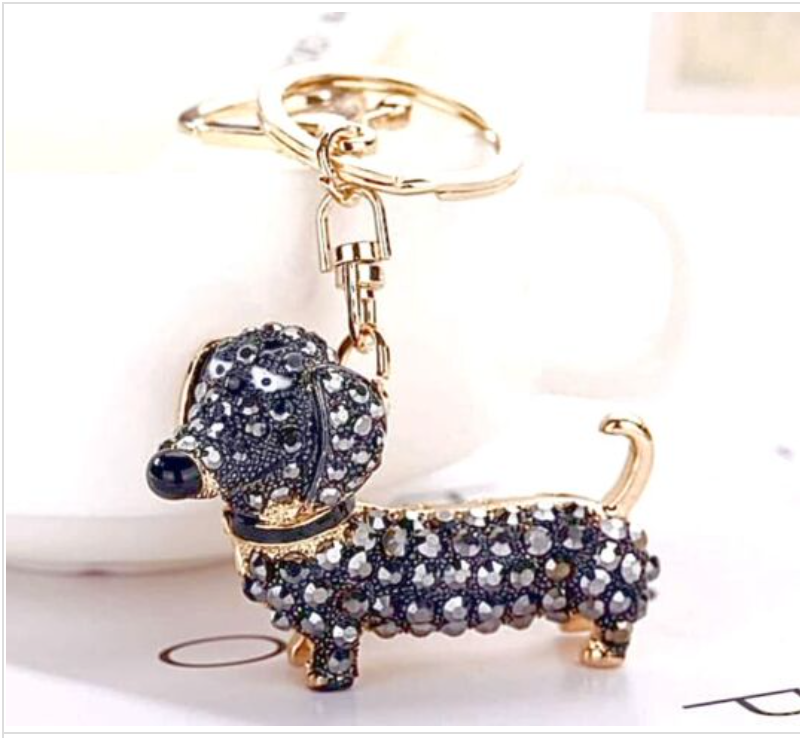 Silver black gold Dachshund Sausage Dog Keyring Keychain bag charm bling crystal