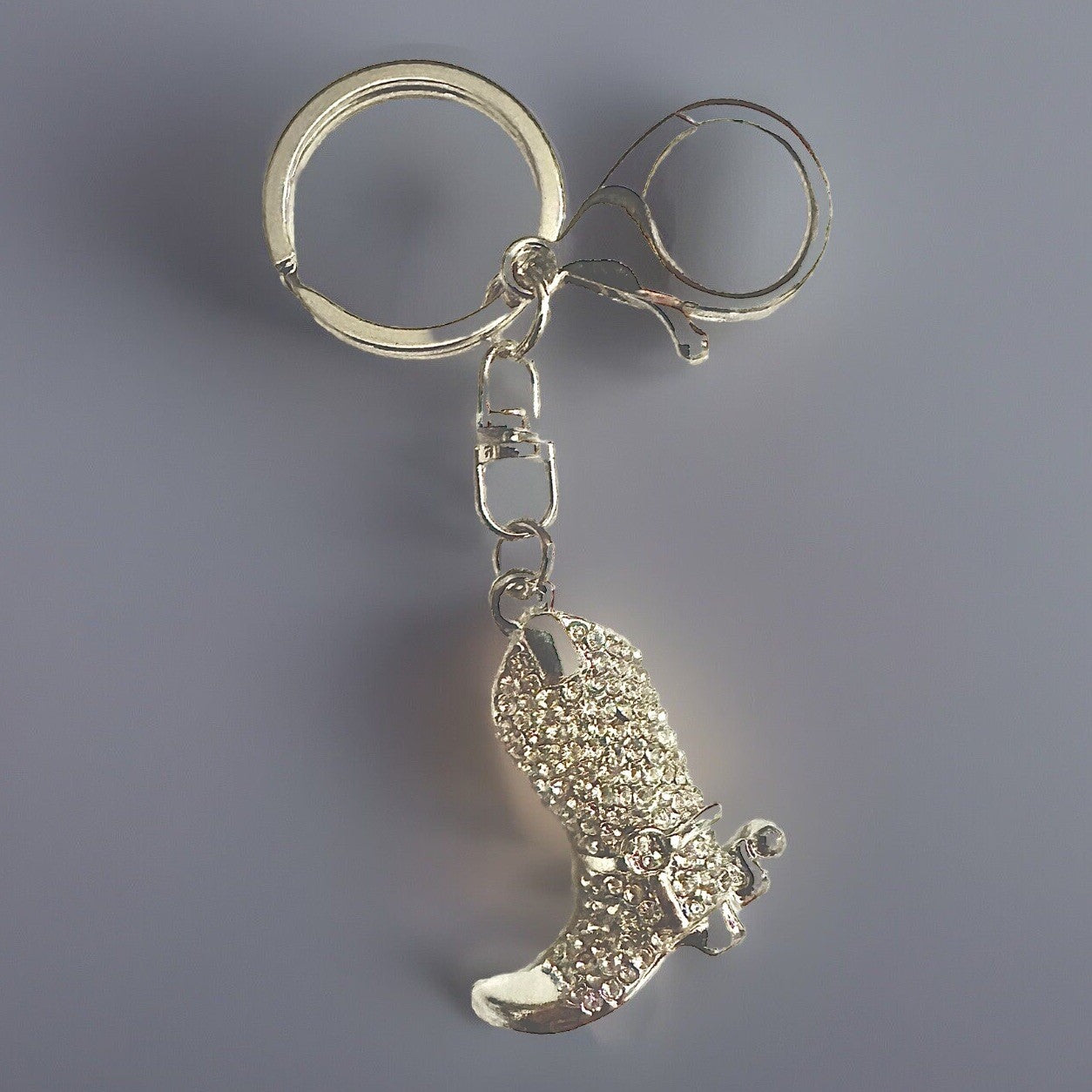 Cowgirl Rhinestone Boot Crystal Pendant Glitter Shiny Silver Keyring