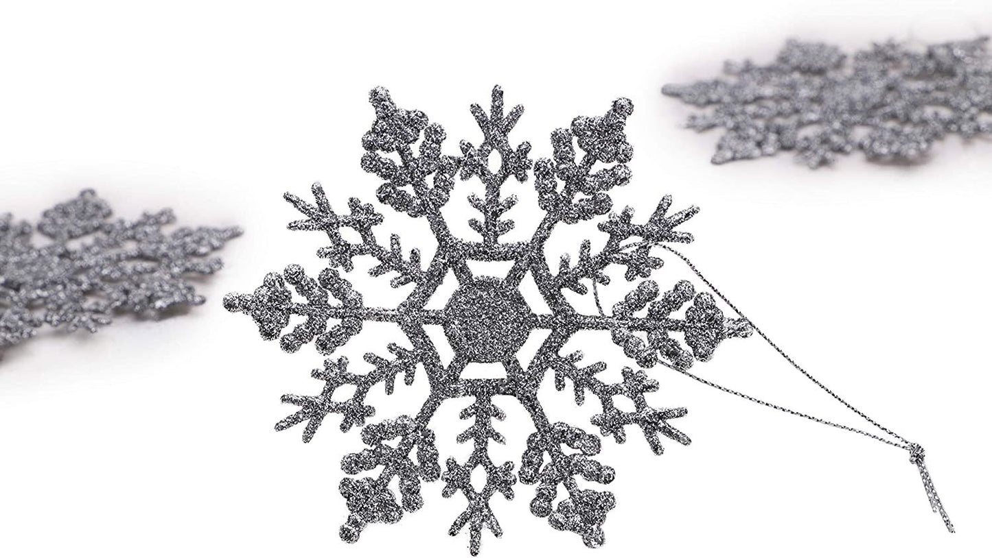 Silver Christmas 6 Pack Glitter Snowflakes Hanging Tree Decorations Frozen Pack
