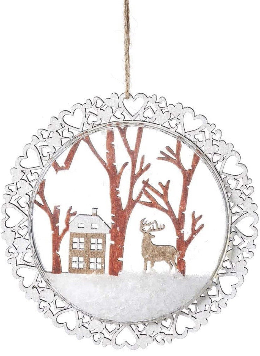Snowy Reindeer globe flat hanging Bauble hearts xmas tree decorations Christmas
