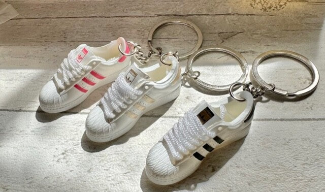 1 ADIDAS Mini 3D Trainer Sneaker Superstars Black White Keyring Inc + Shoe Box